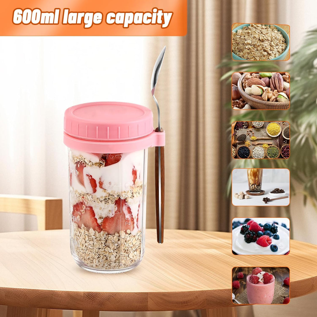 4 Stück Glas Müslibecher to go mit Deckel und Löffel, 600ml Overnight Oats Gläser Mason Jars mit Mes