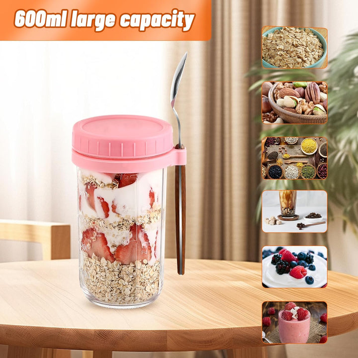 4 Stück Glas Müslibecher to go mit Deckel und Löffel, 600ml Overnight Oats Gläser Mason Jars mit Mes