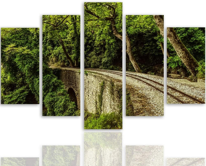 Feeby Bild auf Leinwand Landschaft 5 Teilig Modern Natur Bäume Gleise grün 200x100 cm Leinwandbild 2
