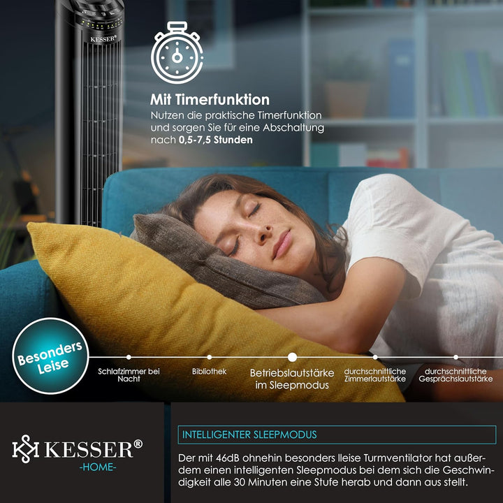 KESSER® Turmventilator mit Fernbedienung | 90° Oszillationswinkel | 3 Stufen | 90 cm |+ Timerfunktio