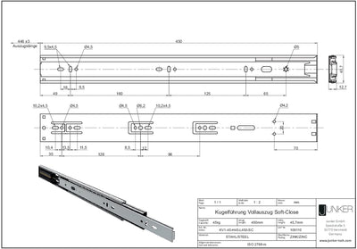 Junker 2 Paar Vollauszüge KV1-45-H45- L450-SC 450 mm mit Selbsteinzug u. Dämpfung (SoftClose) Schubl