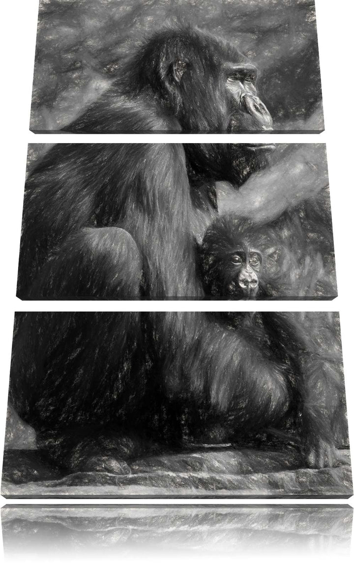 Liebevolle Gorillafamilie NewArt 3-Teiler Leinwandbild 120x80 Bild auf Leinwand, XXL riesige Bilder