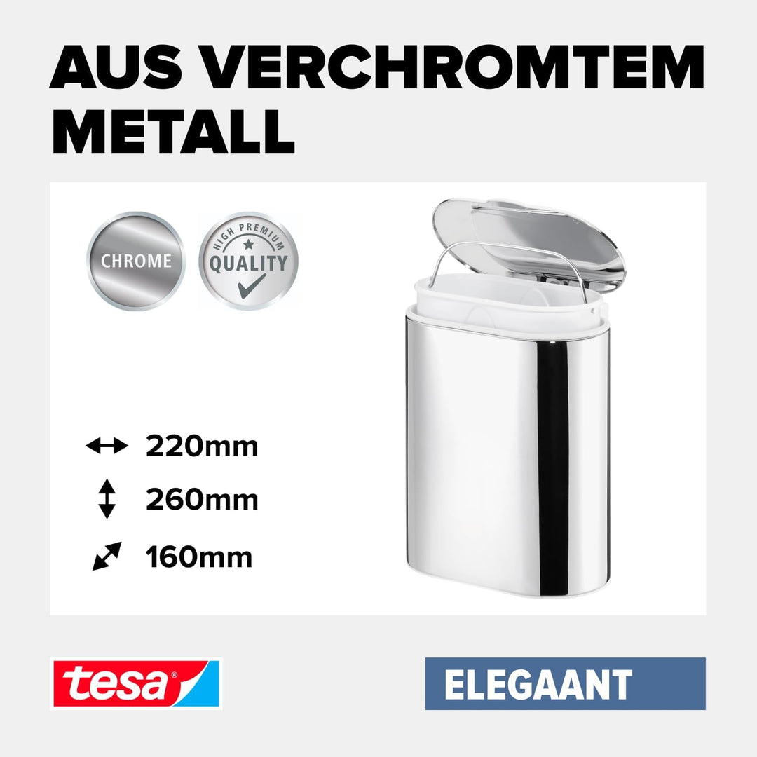 tesa ELEGAANT Kosmetikeimer, edles Design, inkl. Klebelösung, Metall, verchromt, garantiert rostfrei