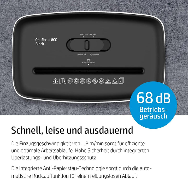 HP OneShred 8CC Black, Aktenvernichter, Sicherheitsstufe P-4, Cross Cut, 8 Blatt, 2826, schwarz/Silb