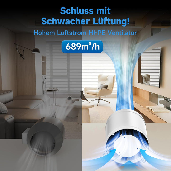 Hon&Guan HI-PE Rohrventilator 150mm Super Luftmenge 689m³/h Fortschrittlicher EC-Motor Geräuscharm R
