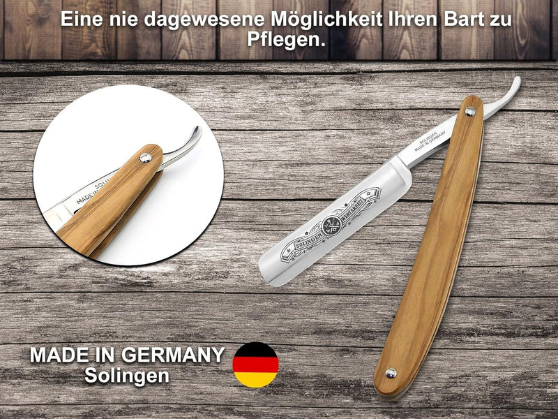 Profi Rasiermesser-Set Made in Germany Streichriemen Schärf Paste und Olivenholz Bartmesser aus Soli
