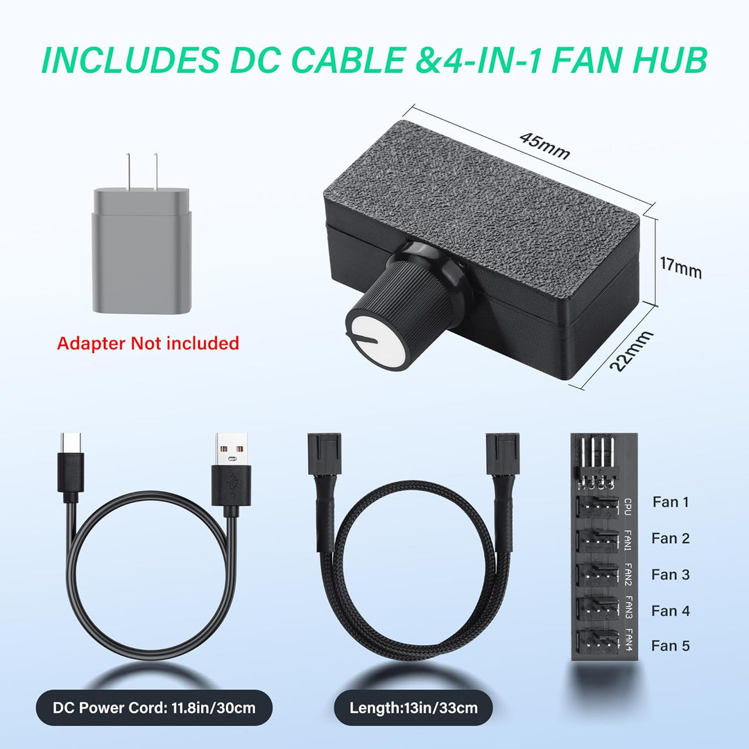 SinLoon 8W 4-Pin PWM Lüfterregler, mit 4-Pin 1-zu-5 Lüfter-Hub und Typ-C Stromkabel und Drehgeschwin