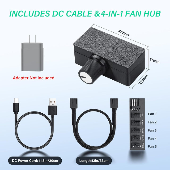SinLoon 8W 4-Pin PWM Lüfterregler, mit 4-Pin 1-zu-5 Lüfter-Hub und Typ-C Stromkabel und Drehgeschwin