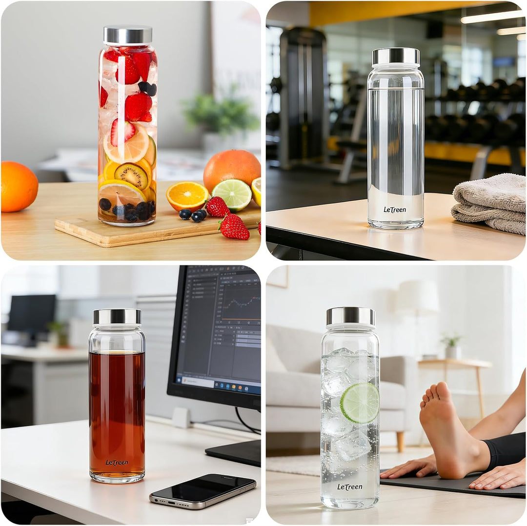 LETREEN Glasflasche 1 Liter mit Schutzhülle, Weite Öffnung Wasserflasche 1L Glas mit Spülmaschinenfe