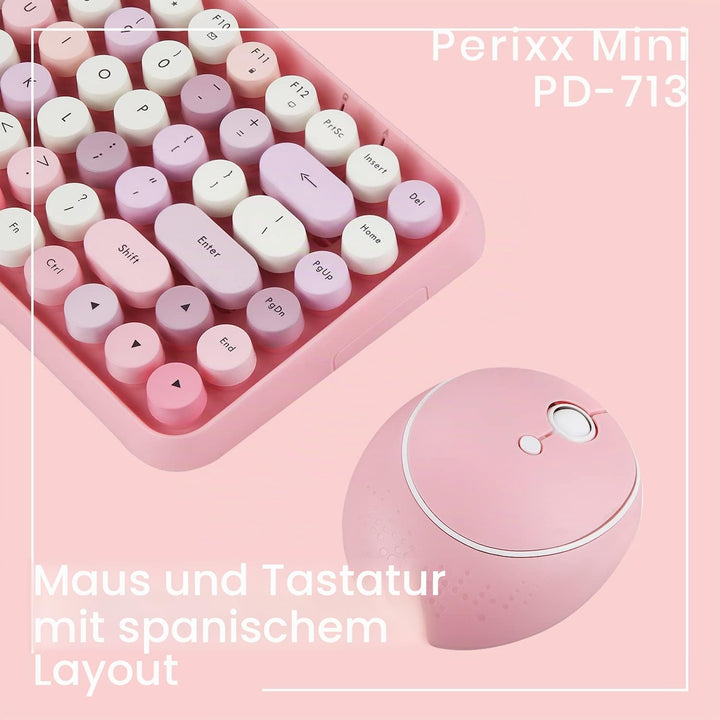 Perixx PERIDUO-713 Set mit Maus und Mini-Tastatur, kabellos, 2,4 GHz, runde Tasten, Retro-Stil, für