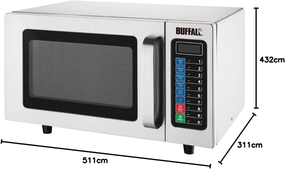 Buffalo 1000 W programmierbare kommerzielle Mikrowelle 25 Liter, Edelstahl, 5 Leistungsstufen, inklu