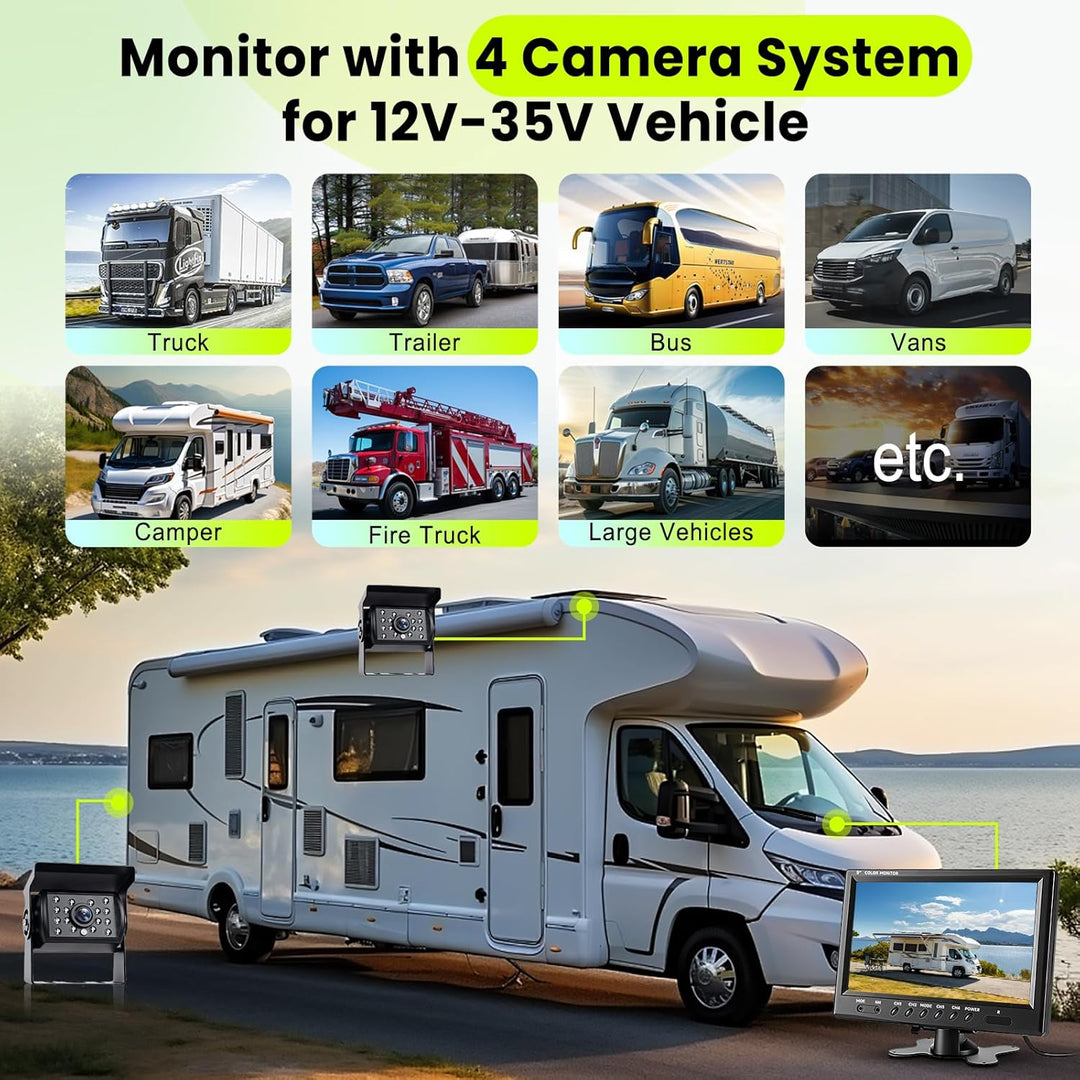 Podofo Vans RV Rückfahrkamera Set, 9 Zoll Monitor 4 Kameras, 4-Geteiltes Display 4-Kanal Video, IP68