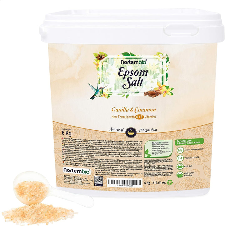 Nortembio Epsom Salz 6 Kg. Neuartigen Duft von Vanille und Zimt. Hydratisiert mit Vitamin C und E. B