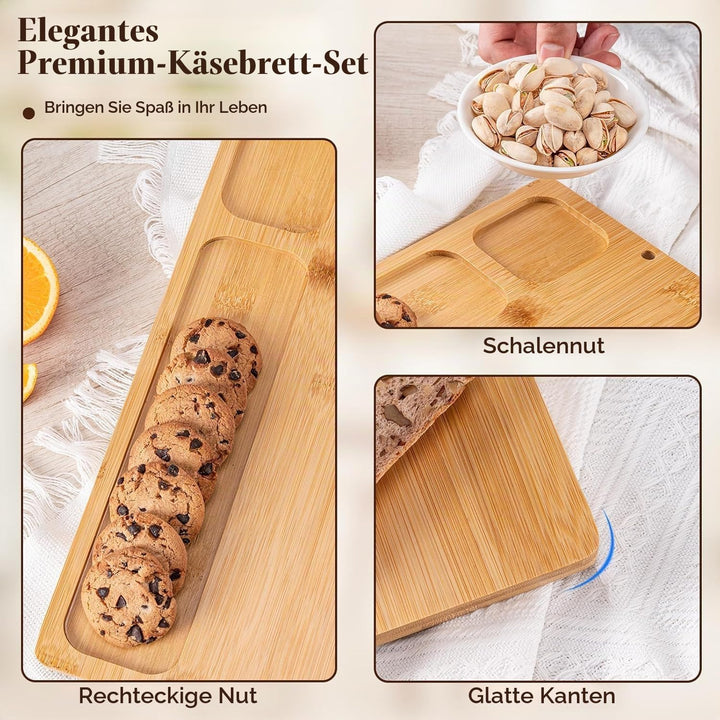 LATERN Bambus Käsebrett Set, 35CM x 27CM Holz Wurstplatte Käseplatte Cheese Charcuterie Board mit 4