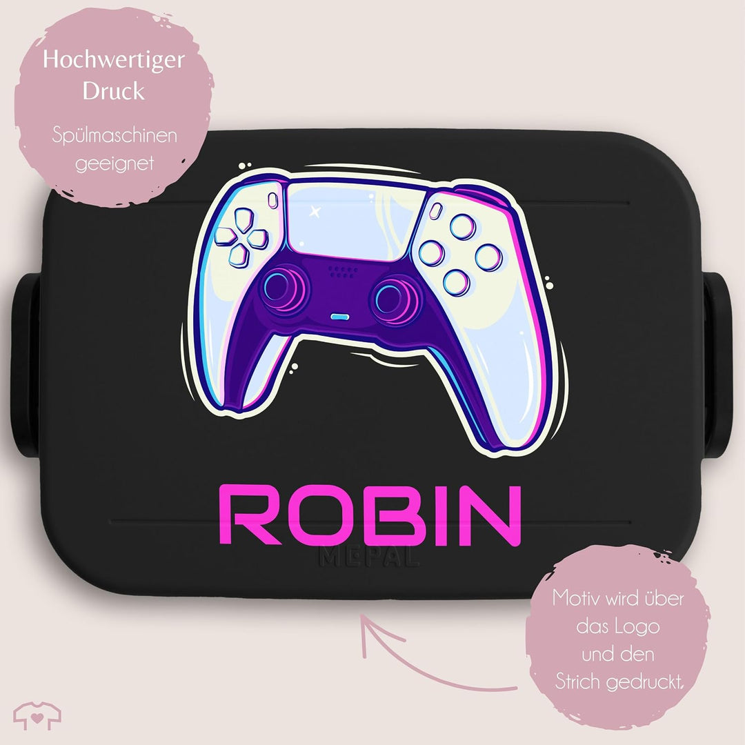 Shirtracer Mepal Lunchbox Kinder personalisiert Name Gaming Controller 1 Schwarz, 1 Schwarz