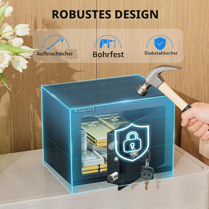 Mini Safe Tresor mit Schlüssel, WASJOYE Mini Tresor mit Schloss für Zuhause/Büro, 6.6L kleiner treso