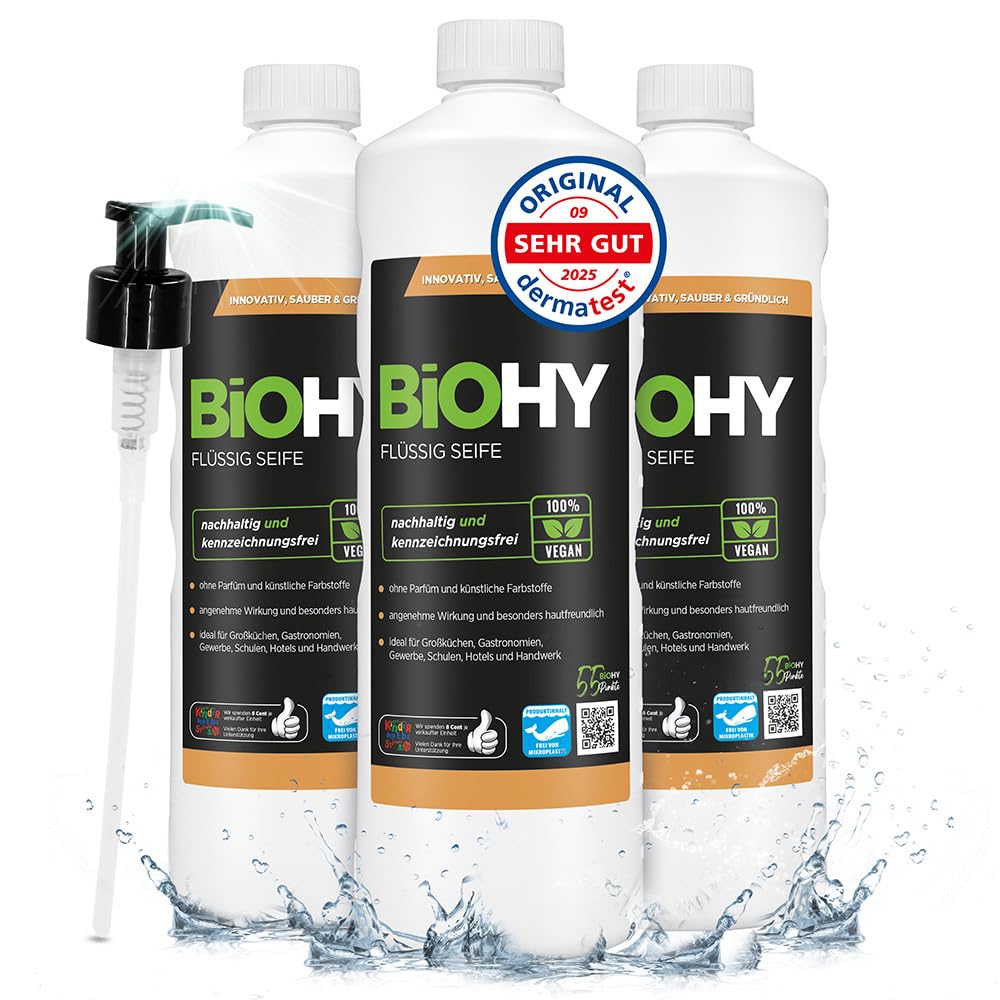 BiOHY Flüssig Seife (3 x 1 Liter) + Pumpspender | Hautschonende, rückfettende &amp; flüssige Handseife |