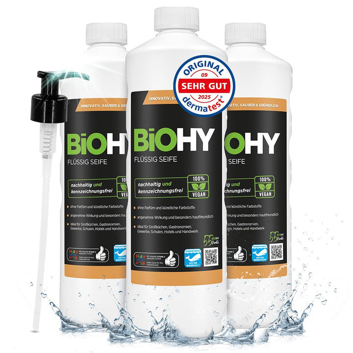 BiOHY Flüssig Seife (3 x 1 Liter) + Pumpspender | Hautschonende, rückfettende &amp; flüssige Handseife |
