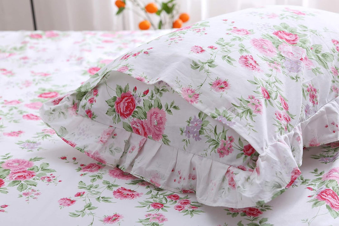 Meaning4 Kissenbezüge mit Rosen-Blumenmuster, mit Rüschen, Shabby Chic, Queen-Size-Kissenbezüge, 50