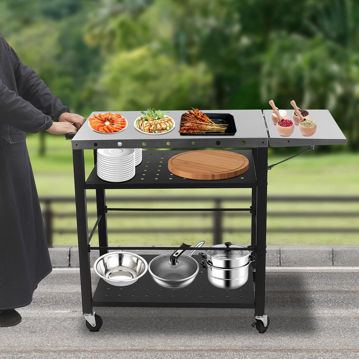 Grillwagen Tisch, 119.7 * 53 * 81cm Edelstahl Outdoor Grill Trolley mit 4 Gestuftes Regal und U-förm
