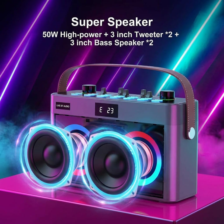 MT-VIKI Audio Mixer Bluetooth Karaoke Maschine Lautsprecher mit 2 drahtlosen Mikrofonen + Handschlau