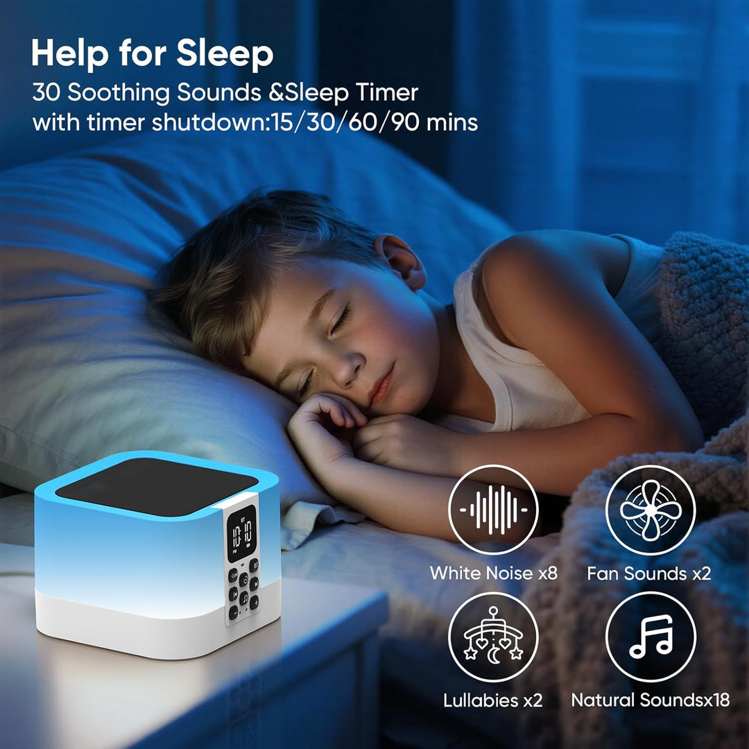 Bluetooth Lautsprecher mit Nachttischlampe Touch Dimmbar, Wecker Digital, White Noise Machine Baby &
