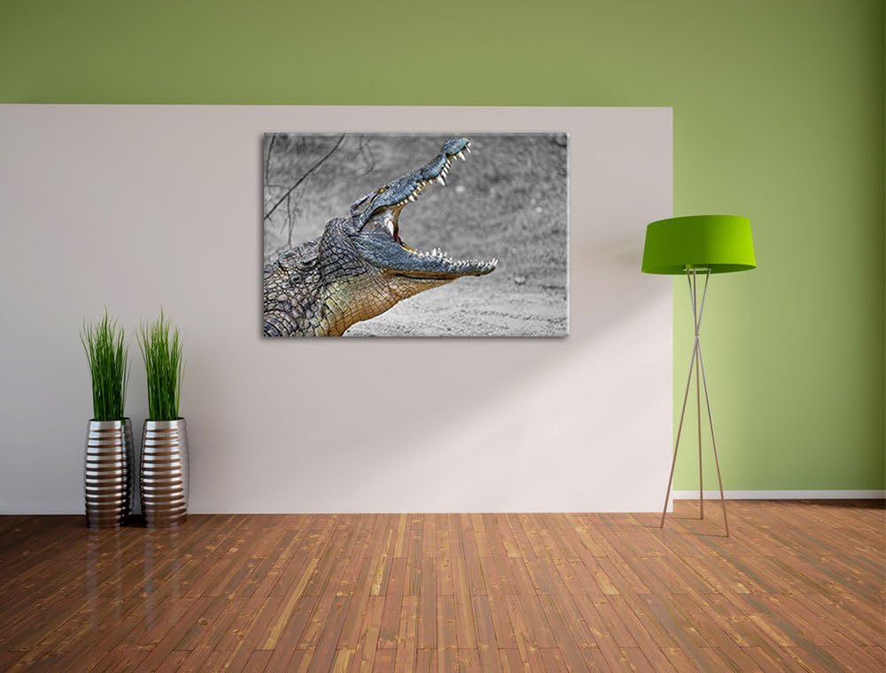 gewaltiges stolzes Krokodil schwarz/weiss auf Leinwand, XXL riesige Bilder fertig gerahmt mit Keilra