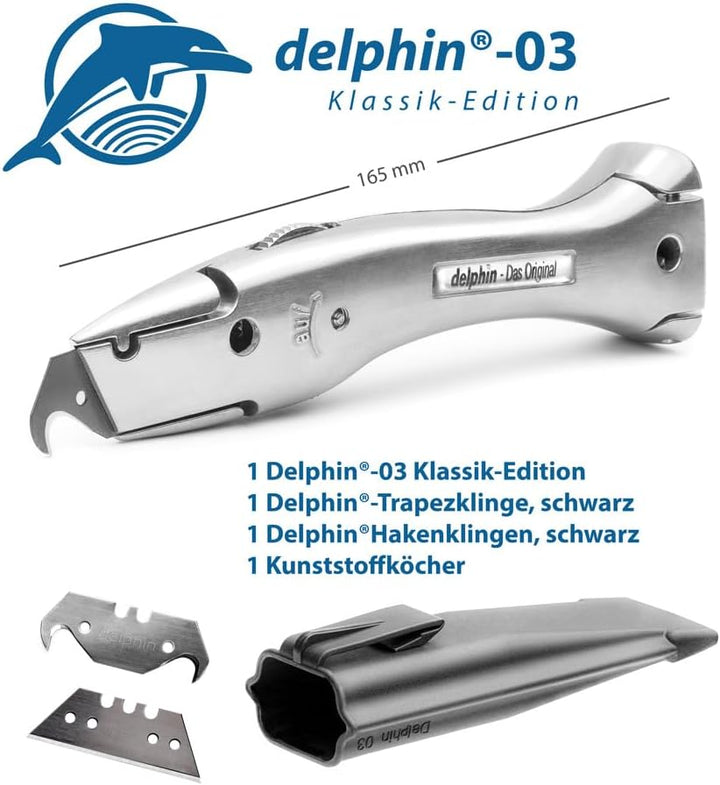 Delphin®-03-Messer 1 Delphin®-Hakenklingen, 1 Delphin®-Trapezklingen, Kunststoffköcher, Teppichmesse