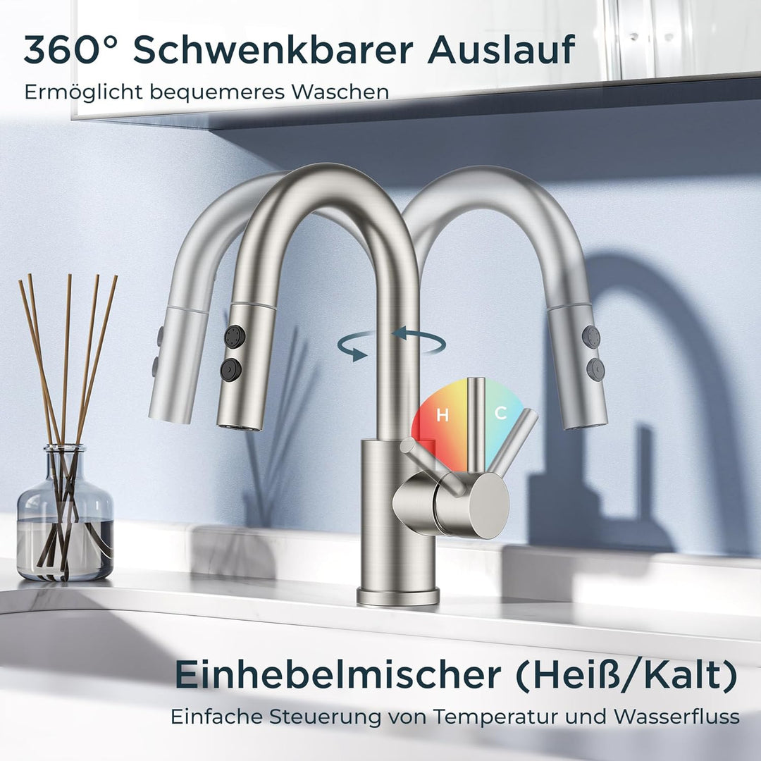 FORIOUS Wasserhahn Bad mit Ausziehbarer Brause, Edelstahl Waschtischarmatur Hoch mit 2 Strahlarten,