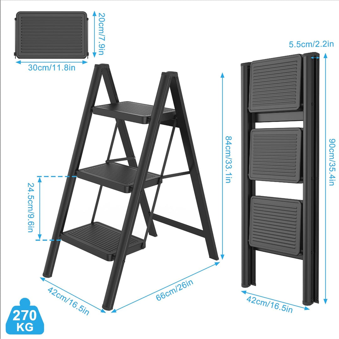 XMTECH Trittleiter 3 Stufen Klappbar, Leiter Klapp-Step-Hocker mit breitem Anti-Rutsch-Pedal, Tragba