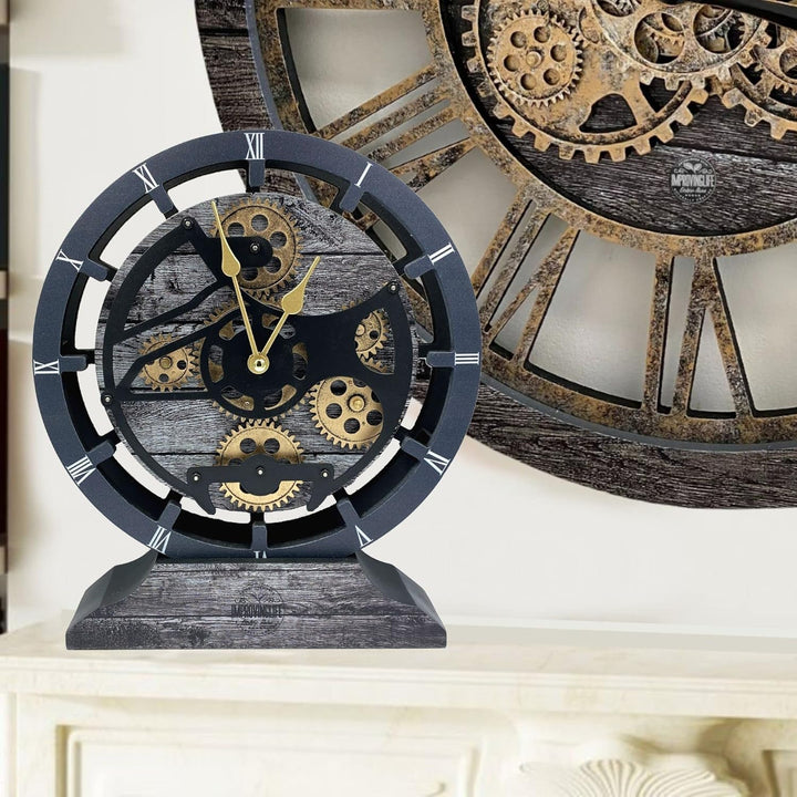 Tischuhr 25,4 cm mit echten beweglichen Zahnrädern umwandelbar in Wanduhr (Carbongrau)