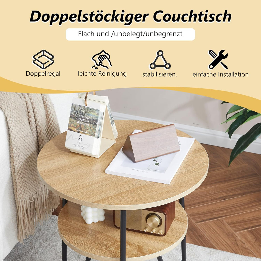 Mingone Couchtisch Rund Beistelltisch 2 Ablagen Sofatisch Modern mit Stauraum Kleiner Tisch für Wohn