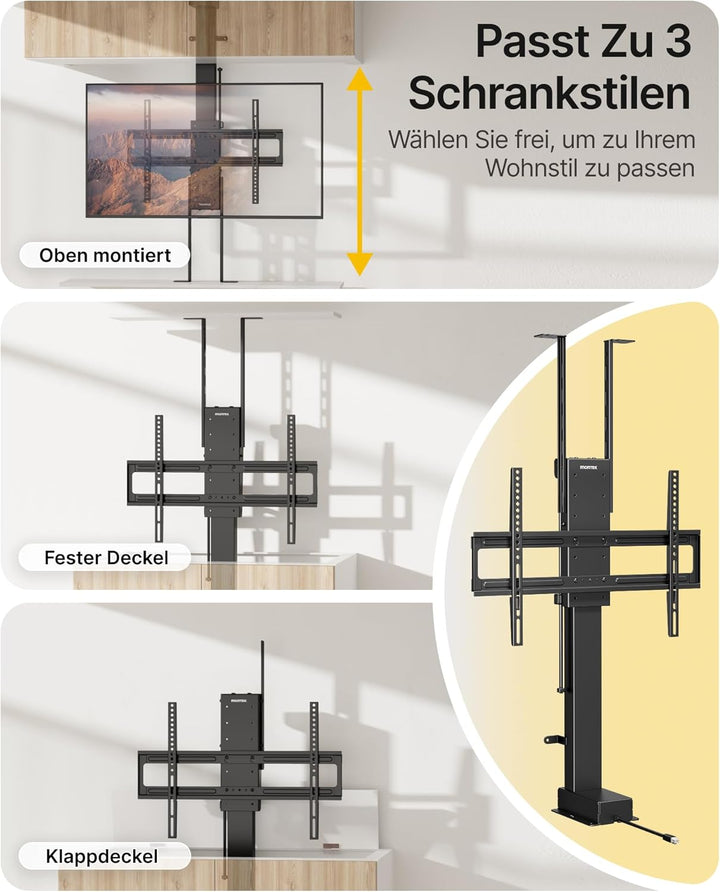 monTEK Elektrisch TV Lift zum Einbau für 37-65 Zoll bis 60kg, VESA 600x400 | mit Funkfernbedienung,
