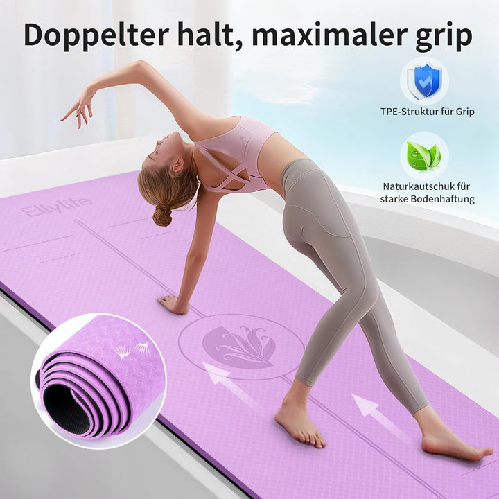 Yoga Matte Rutschfest Dick, Nachhaltige Naturkautschuk + Eco TPE oder PU, Ausrichtungslinien, Hautfr