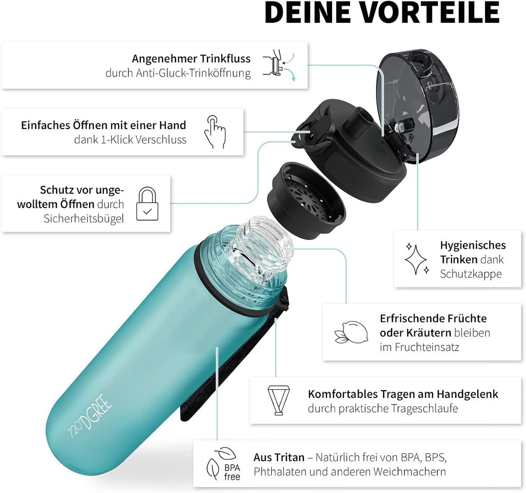 720°DGREE Trinkflasche “uberBottle“ 350ml, 500ml, 650ml, 1l, 1,5 Liter softTouch +Früchtebehälter -