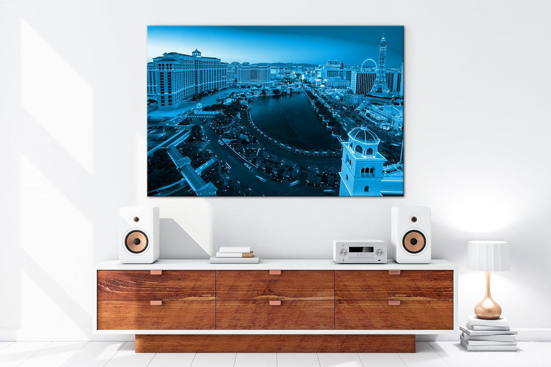 deyoli Las Vegas Skyline Format: 100x70 cm Effekt: Monocrome Blau als Leinwandbild, Motiv fertig ger
