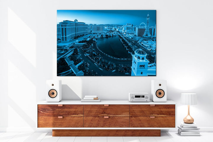 deyoli Las Vegas Skyline Format: 100x70 cm Effekt: Monocrome Blau als Leinwandbild, Motiv fertig ger