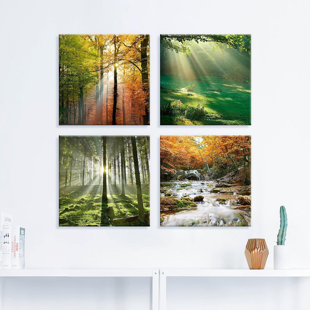 ARTLAND Leinwandbilder auf Holz 4 teilig je 40x40 cm + weitere Grössen Bilderset Natur Waldbilder He