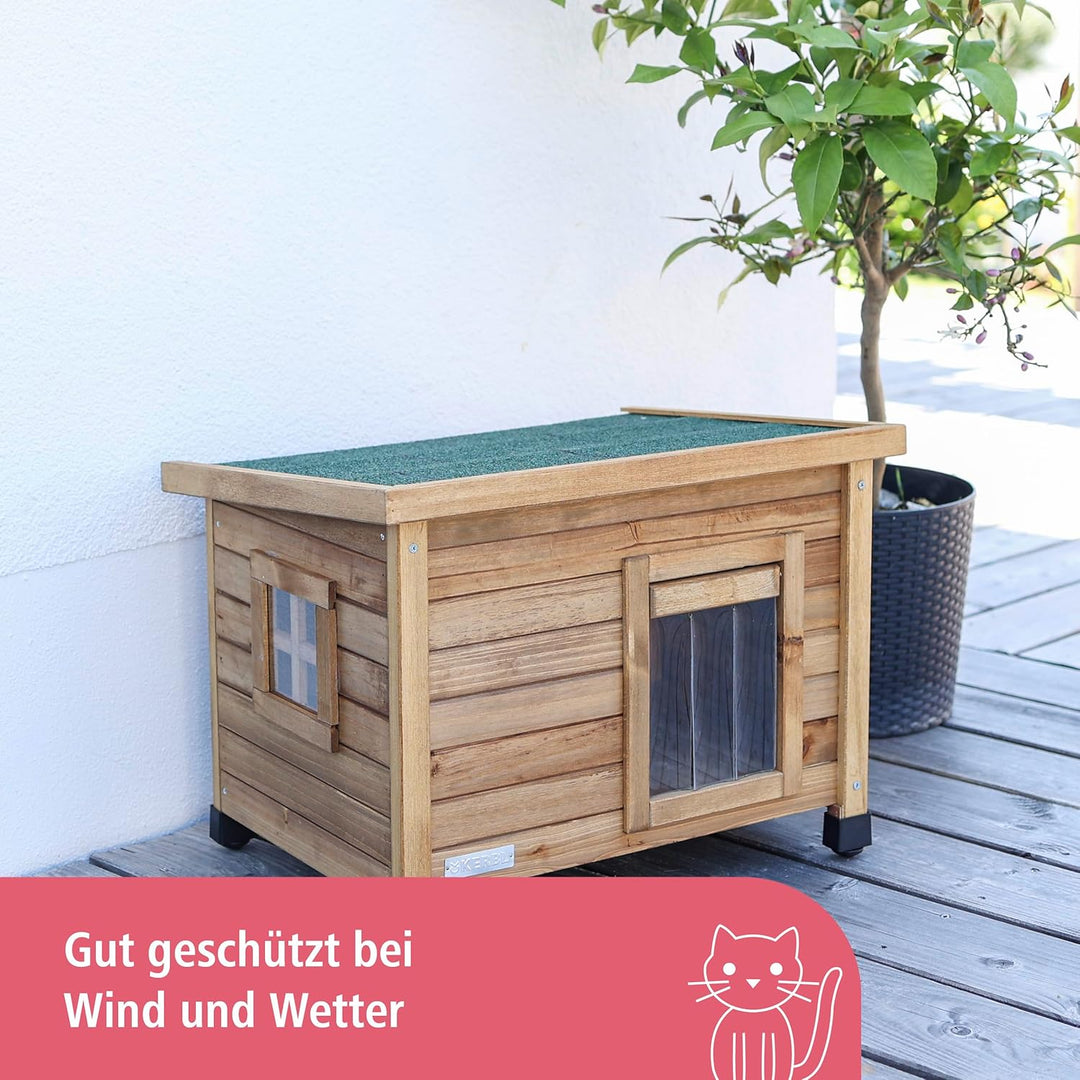 Kerbl Katzenhaus Rustica aus Holz, Schwingtüre mit Lamellen, Plexiglasfenster, Höhenverstellbare Kun