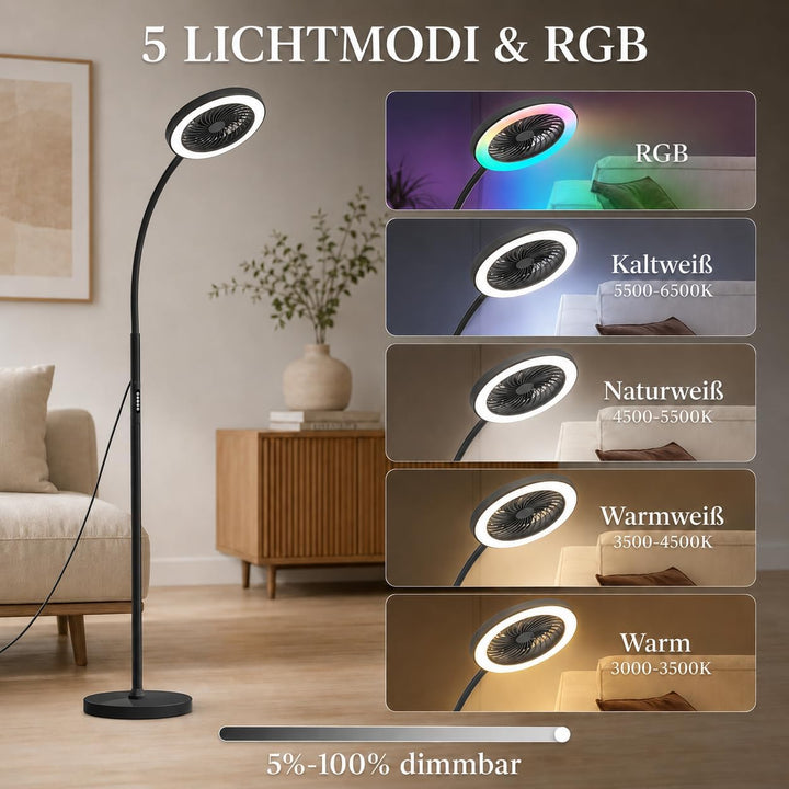 Standventilator mit Licht 183cm, Leise Ventilator Stehlampe mit RGB Farbwechsel &amp; CCT, 360° Schwanen