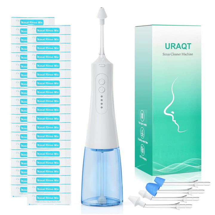 URAQT Elektrisch Nasendusche, Elektrischer Neti Pot für Erwachsene und Kinder, mit 4 Ersatzköpfe und