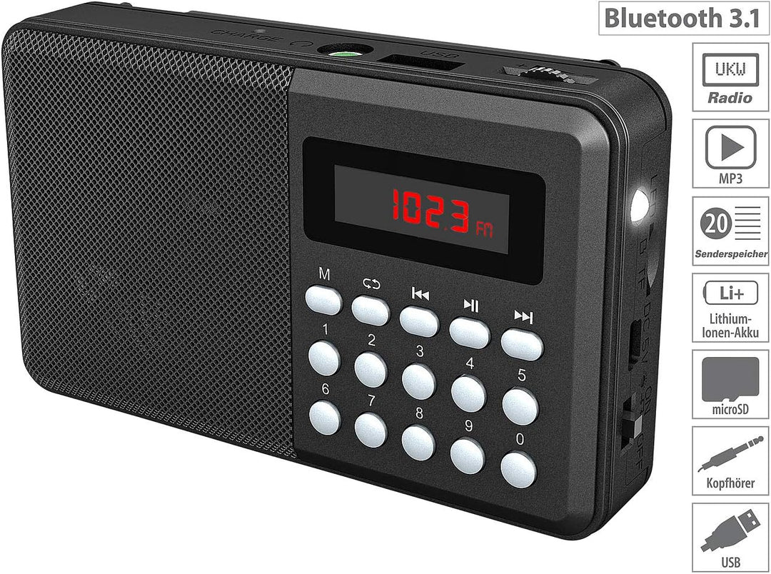 auvisio Camping-Radio: Digitales FM-Taschenradio, Bluetooth, MP3-Player, USB, microSD & Akku (Radio