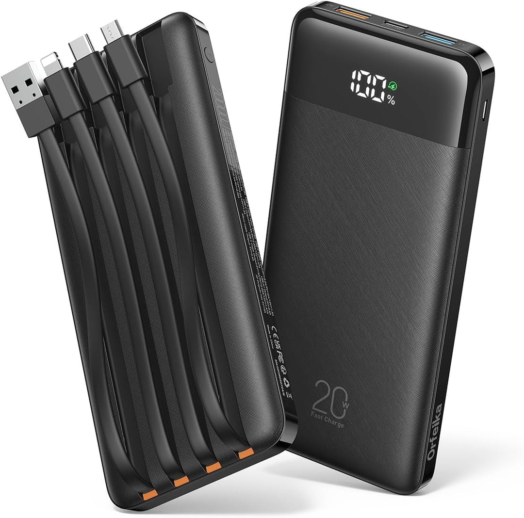 Orfeika 20000mAh Powerbank mit 4 Integrierten Kabeln, 20W PD-Schnellladung Power Bank, Externer Akku