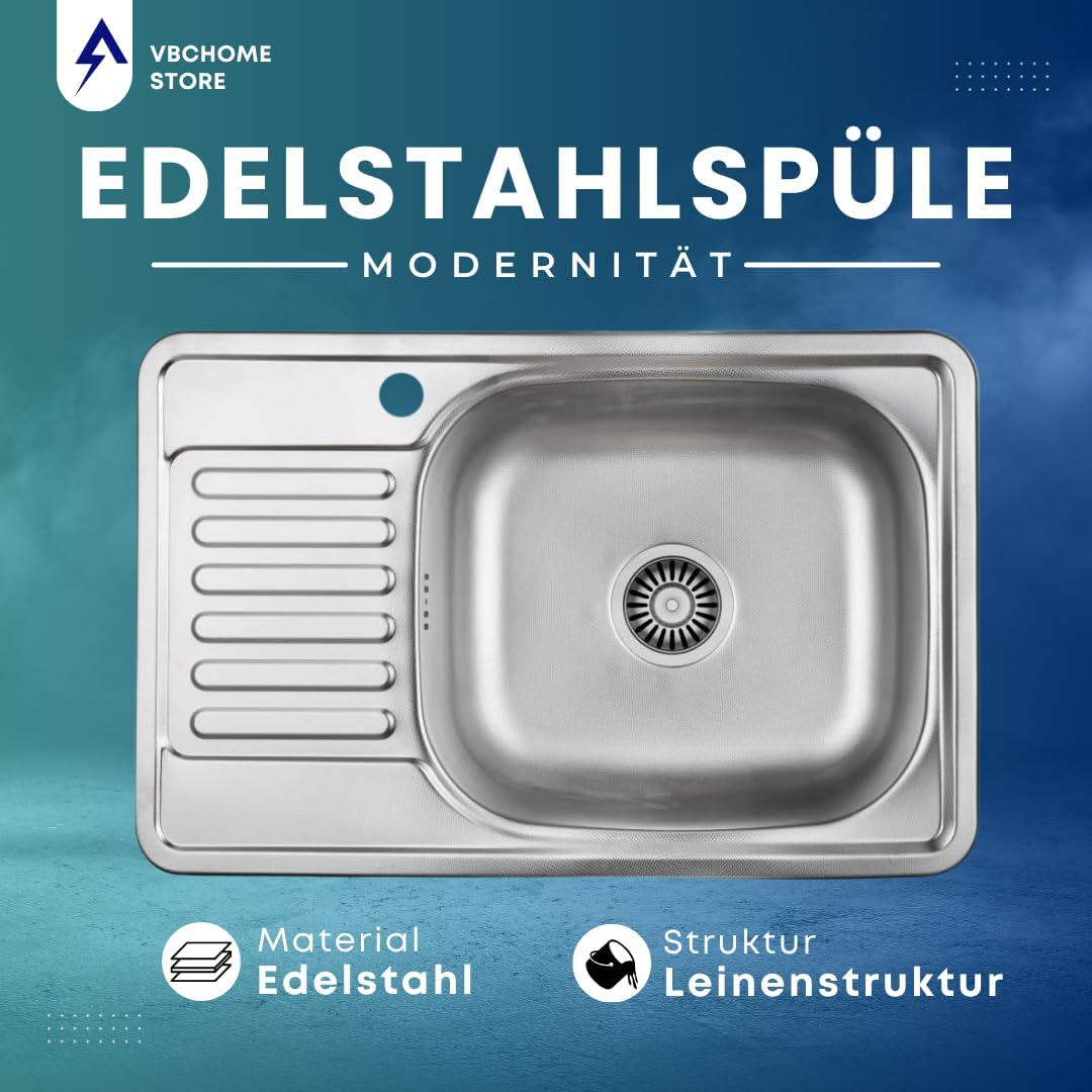 VBChome Einbauspüle 66x42 Leinenstruktur Edelstahl Küchenspüle mit Hahnloch Spüle Ablagefläche Abtro
