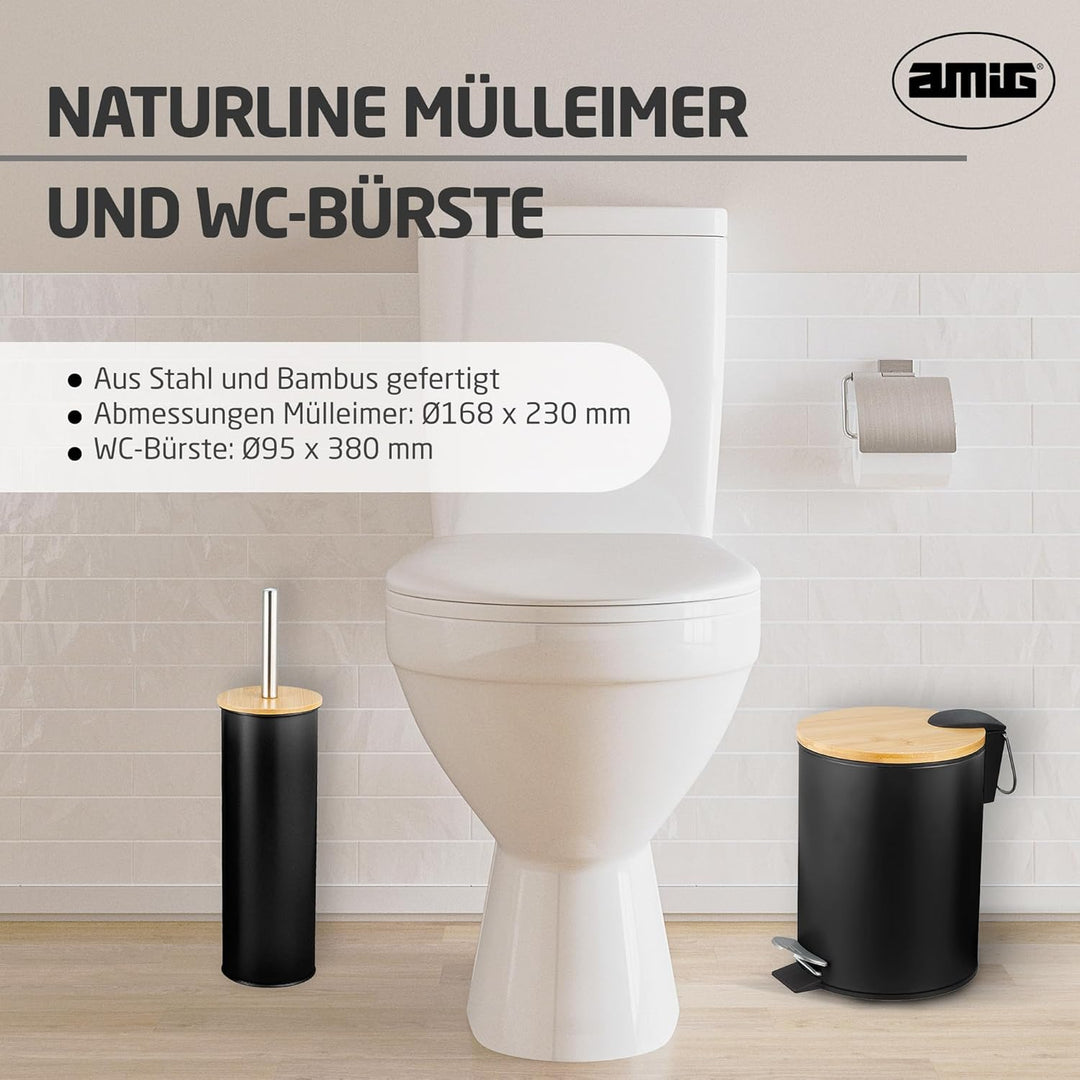 Amig - Set aus Mülleimer und WC-Bürstenhalter Naturline - Ø168 x 230 mm - Edelstahl und Bambus - Far