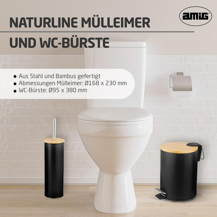 Amig - Set aus Mülleimer und WC-Bürstenhalter Naturline - Ø168 x 230 mm - Edelstahl und Bambus - Far
