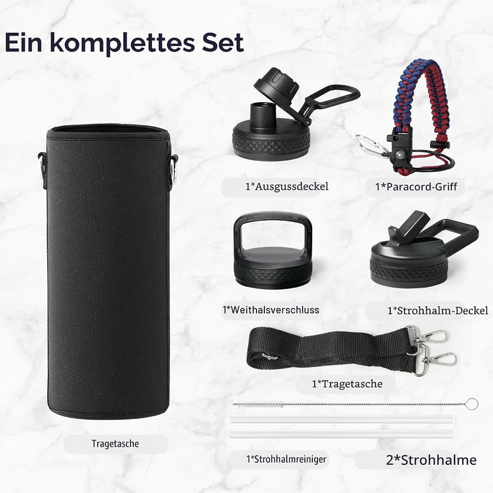 Trebo 1,2 l Wasserflasche mit 3 Deckeln und Griff, vakuumisoliert, Edelstahl, auslaufsicher, BPA-fre