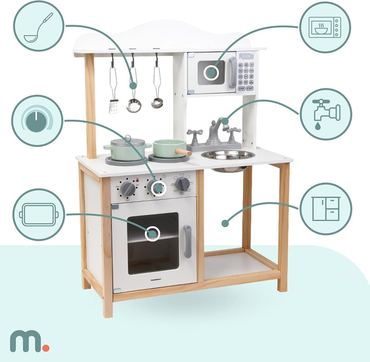 mamabrum Holzküche Kinder ab 3 – Spielküche aus Holz mit Mikrowelle, Backofen, Spüle &amp; Zubehör – Sta