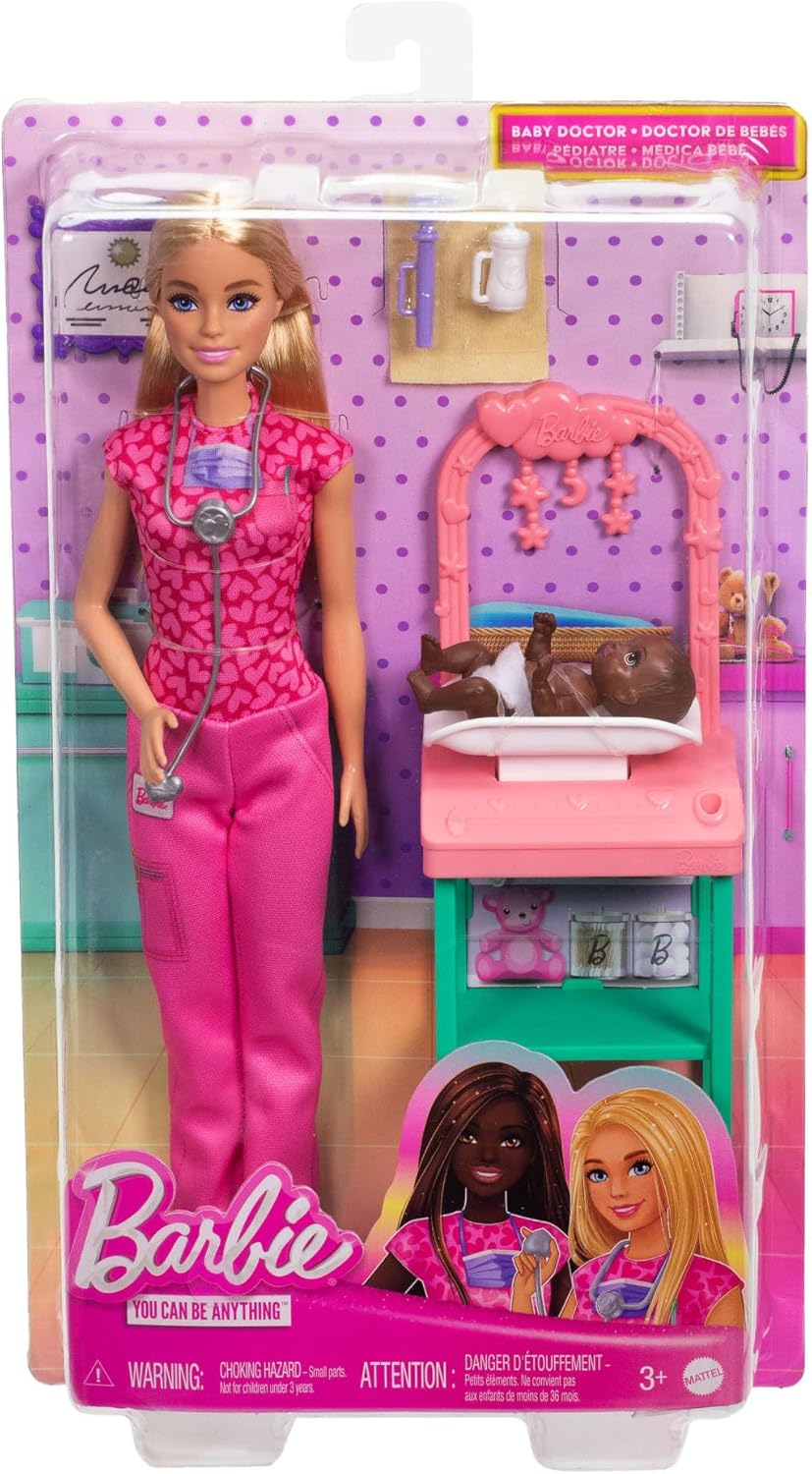 Barbie Kinderärztin-Puppe mit blonder Modepuppe und pinkfarbenem Kittel-Set, 1 Baby-Patientenpuppe m