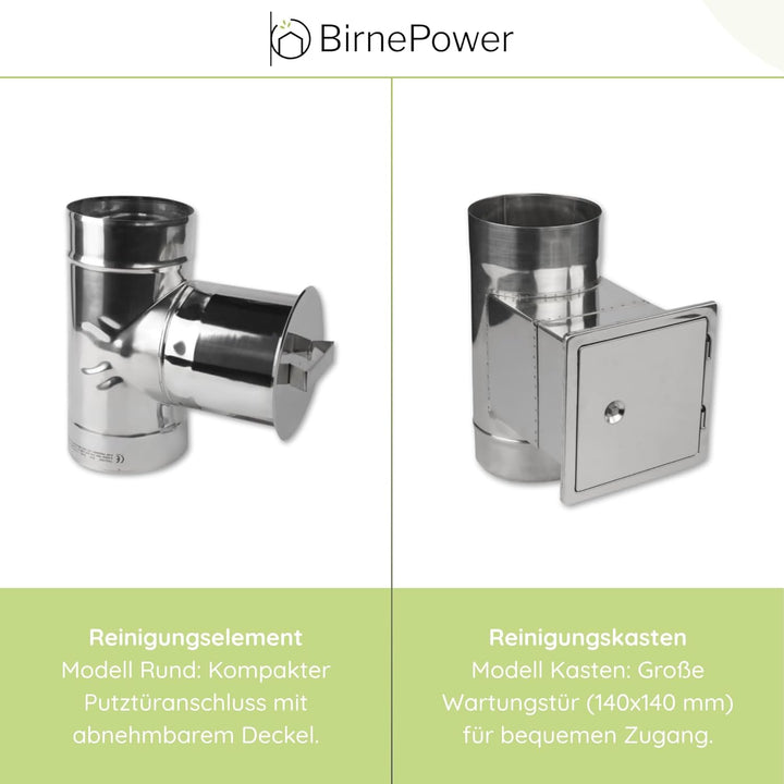 BirnePower Edelstahl Ofenrohr Kaminrohr Abgaselemente: Rohr Bogen Ofenknie T-Stück Regenhaube Rauchr
